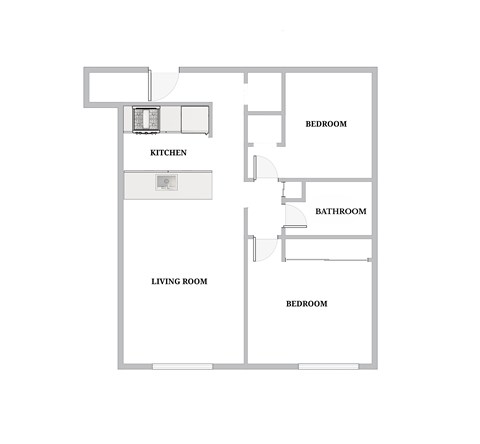 A floor plan of a house with a kitchen, living room, and two bedrooms.
